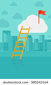 Ladder and flag on top of the cloud on city background.