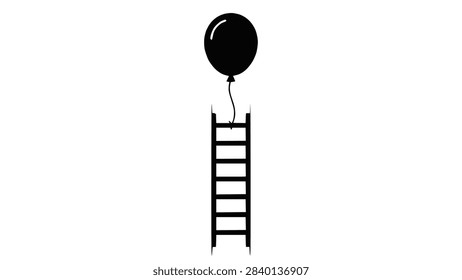 Ladder floating upward attached to a balloon, representing ambition, ascending to new heights, and visionary growth.