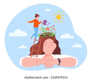 Ladder in flowers head. Person heal mind brain, appreciation mental health psychological profile optimistic thinking growth blooming flowers inside healthy head vector illustration. Woman mental care