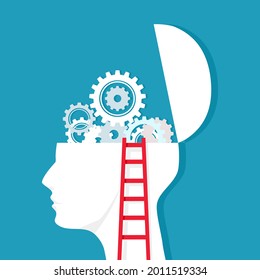 the ladder and gears on the human head. concept of thought process