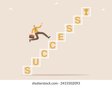 Ladder of great success, planning a path to achieve excellence in work, achieving goals and getting a career promotion, concept of winning and receiving an award, man running up the ladder of success.
