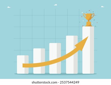 Ladder of great success, planning path to achieve excellence in work, achieving getting career promotion, accuracy in setting goals, way to high results, receive rewards, growing chart with trophy.