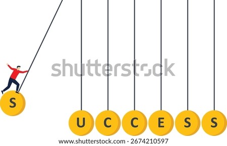 Ladder of great success, planning a path to achieve excellence in work, achieving goals and getting a career promotion,leadership skills and accuracy in setting goals, man launches success balls.

