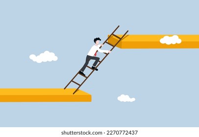 Ladder to higher level path, aspiration to reach new goal, step to more difficult business challenge, courage and progress concept, Businessman climbing ladder to higher path.