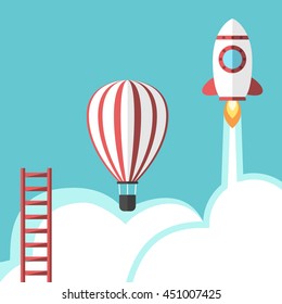 Ladder, hot air balloon and space rocket. Career and opportunity concept. EPS 8 vector illustration, no transparency