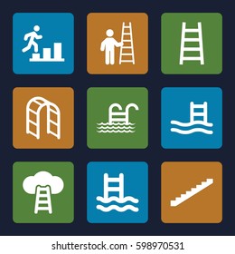 ladder icons set. Set of 9 ladder filled icons such as stairs. 