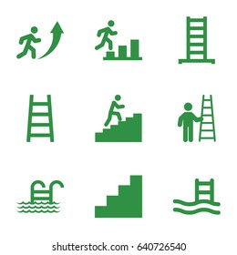Ladder icons set. set of 9 ladder filled icons such as stair, man climbing stairs
