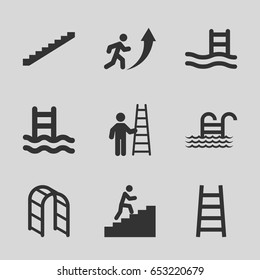 Ladder icons set. set of 9 ladder filled icons such as stairs, man climbing stairs