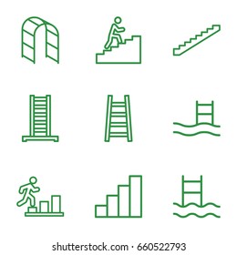 Ladder icons set. set of 9 ladder outline icons such as stairs, stair, man climbing stairs