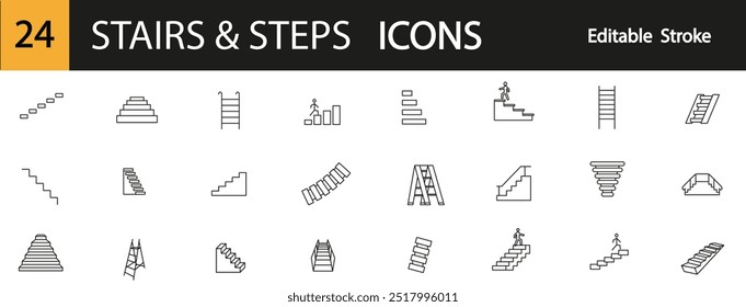 Ladder icons, steps, man, man walking up, folding ladder, ladder with hooks. Editadle stroke.