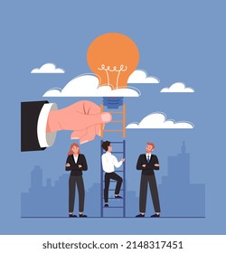 Ladder to idea. Men and girl climb to light bulb. Metaphor of creative people and brainstorming. Employees looking for solution to their mental impasse, development. Cartoon flat vector illustration