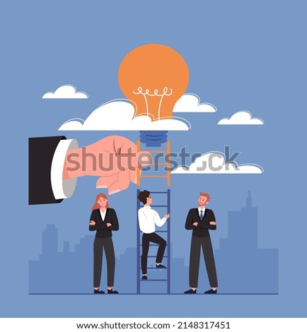 Ladder to idea. Men and girl climb to light bulb. Metaphor of creative people and brainstorming. Employees looking for solution to their mental impasse, development. Cartoon flat vector illustration