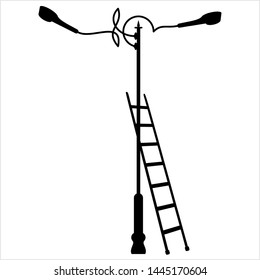 Ladder Inclined To Street Light Pole Design Vector Art Illustration