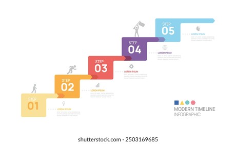 Infografía de etiquetas de flecha conectadas 5 pasos para una Plantilla de crecimiento exitosa. Proceso comercial. Ilustración vectorial.