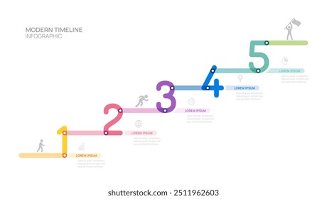 escada Infográfico linha 5 passos para modelo de crescimento de sucesso. Processo de negócios. Ilustração vetorial.