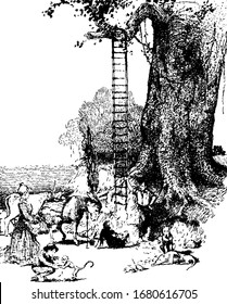 Ladder kept on tree and man fell down on ground, people and animals around tree, vintage line drawing or engraving illustration