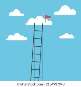 Escalera que lleva a la nube con bandera roja. Objetivo y concepto de logros. Ilustración vectorial aislada en fondo blanco.