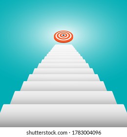 Escalera que conduce al objetivo. El concepto del camino al éxito, el crecimiento de los negocios, nuevas ideas creativas. Ilustración vectorial.