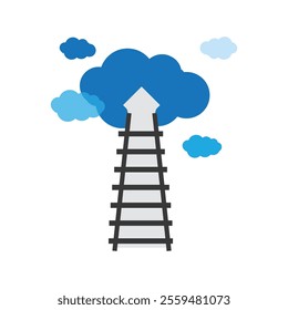 Ladder leading to New cloud of opportunity, possibilities, Hope, growth, success, Dreams, Business, Solutions Finding Concept and heights. Minimal design. Infographic of clouds, arrow and ladder.