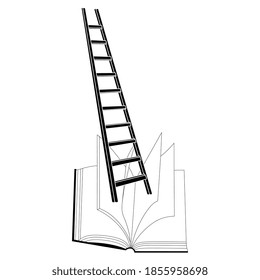 Ladder leading up from open book. Creative concept for learning and knowledge. Literacy and education. Black and white silhouette.