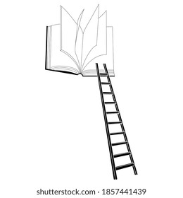 Ladder leading up to the open book. Creative concept for knowledge, literacy and education. Black and white silhouette.