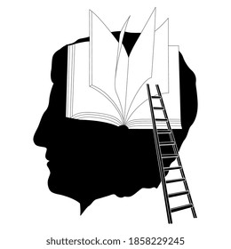 Ladder leading to the open book inside human head. Creative concept for knowledge and education. Black and white silhouette.