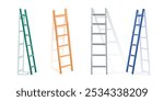 Ladder mockups set isolated on white background. Vector realistic illustration of color wooden, metal or plastic stepladder leaning on wall with shadow, construction work equipment, success concept