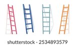 Ladder mockups set isolated on white background. Vector realistic illustration of color wooden, metal or plastic stepladder leaning on wall with shadow, construction work equipment, success concept