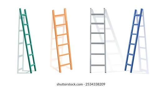 Ladder mockups set isolated on white background. Vector realistic illustration of color wooden, metal or plastic stepladder leaning on wall with shadow, construction work equipment, success concept