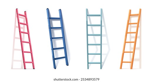 Escada mockups conjunto isolado no fundo branco. Vetor ilustração realista de cor madeira, metal ou plástico stepladder apoiando-se na parede com sombra, equipamentos de trabalho de construção, conceito de sucesso