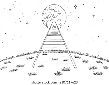 Ladder to the moon landscape graphic black white sketch illustration vector