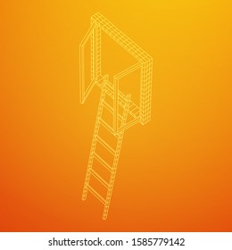 Ladder with open window. Business concept in opportunity. Wireframe low poly mesh vector illustration.