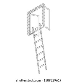 Ladder with open window. Business concept in opportunity. Wireframe low poly mesh vector illustration.