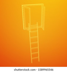 Ladder with open window. Business concept in opportunity. Wireframe low poly mesh vector illustration.