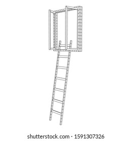 Escalera con ventana abierta. Concepto de negocio en oportunidad. Ilustración vectorial de malla baja del bastidor de alambres.