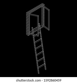 Ladder with open window. Business concept in opportunity. Wireframe low poly mesh vector illustration.