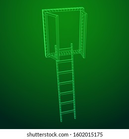 Ladder with open window. Business concept in opportunity. Wireframe low poly mesh vector illustration.