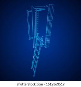 Ladder with open window. Business concept in opportunity. Wireframe low poly mesh vector illustration.