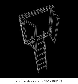 Ladder with open window. Business concept in opportunity. Wireframe low poly mesh vector illustration.