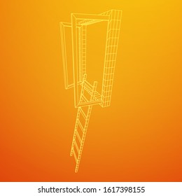 Ladder with open window. Business concept in opportunity. Wireframe low poly mesh vector illustration.