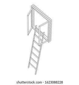 Ladder with open window. Business concept in opportunity. Wireframe low poly mesh vector illustration.