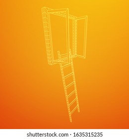 Ladder with open window. Business concept in opportunity. Wireframe low poly mesh vector illustration.