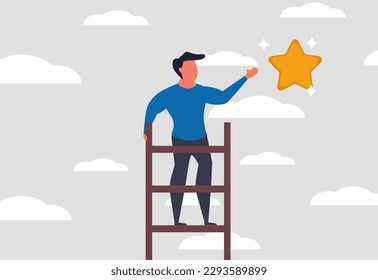 Ladder de oportunidad y éxito. Un hombre se para en una escalera y trata de atrapar a una estrella dorada y buena suerte. Logro en sus carreras. Empresario sube las escaleras. Ilustración del vector