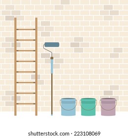Ladder, Paint Roller And Paint Buckets Home Improvement Vector Illustration