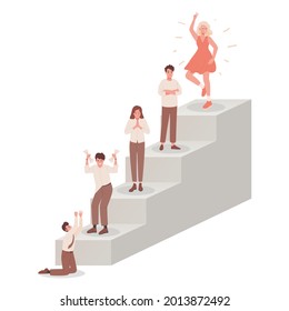 Ladder with people feeling different emotions vector flat illustration. Depressed and upset character on bottom of stairs and happy dancing woman on top of ladder. Various people mood concept.