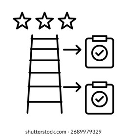Icono de la Escalera del progreso, crecimiento de la IA, mejora continua, progreso del sistema de IA, seguimiento del progreso y desarrollo impulsado por la IA. Ilustración vectorial.