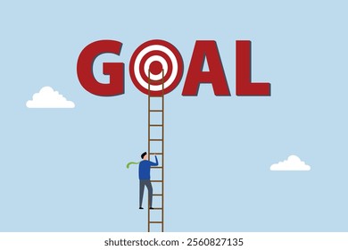 Ladder to reach goal, clever entrepreneur ascends ladder high into the cloud to hit target bullseye. 