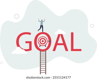 Escada para alcançar o objetivo, meta e realização, desafio para encontrar o sucesso, objetivo de negócios ou conceito de propósito.personagens planos.