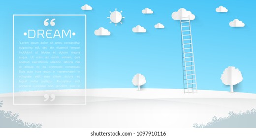 A ladder reaching up to the clouds against on pop up paper art style, frame and space for text on sky background Vector illustration