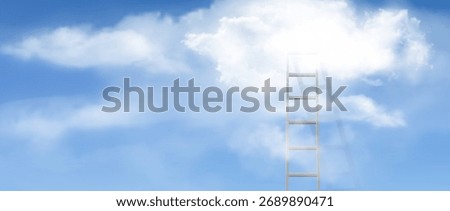 Ladder reaching into fluffy white clouds formations on blue sky for success and aspiration concepts. Wooden stairway extending through heavenly cumulus mist for spiritual or motivational imagery.